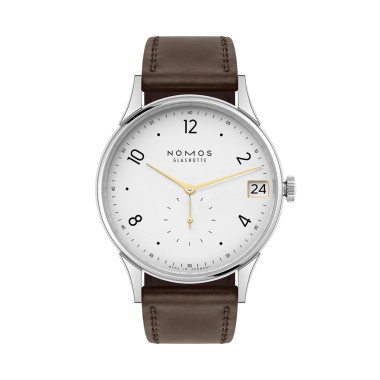         Damen- und Herrenuhr, Handaufzug, NOMOS Glashütte Minimatik 39 Datum Gold