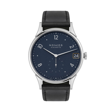         Damen- und Herrenuhr, Handaufzug, NOMOS Glashütte Minimatik 39 Datum blau